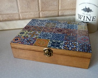 Wooden Tea Box and Optional Tray. Spanish Tiles Tea storage Box. Tea Bags Box. Jewelry Box. Wedding Christmas Gift.