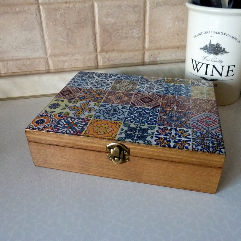 Wooden Tea Box and Optional Tray. Spanish Tiles Tea storage Box. Tea Bags Box. Jewelry Box. Wedding Christmas Gift. Box No. 1 only