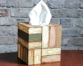 Wooden Tiles Decorated Tissue Box. Wooden Box Cover for Tissues. Napkins Dispenser. Tissue Holder.