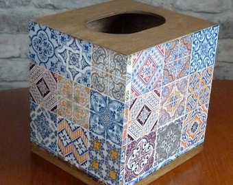 Spanish Tile Tissue Box Cover – Handmade Wooden Mediterranean Decor