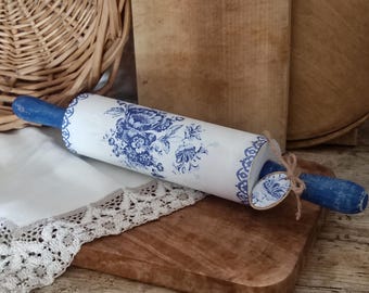 Blue White Cottage Rolling Pin French Country Kitchen Wall Decor Handmade Wood