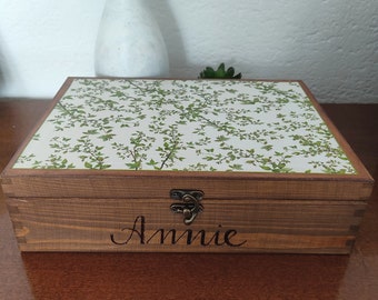 Green Leaves Decorated Large And Strong Wooden Tea Box. Tea Storage Box. Tea Bags Gift Box. Jewelry Box.