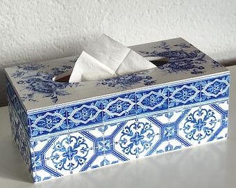 Spanish Tile Wooden Tissue Box Cover, Blue White Mediterranean Decor