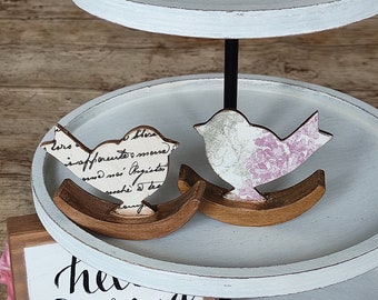 Wooden Birds. Vintage inspired Spring Birdies. Rocking Birds. Caligraphy Decor. Neutral Colors