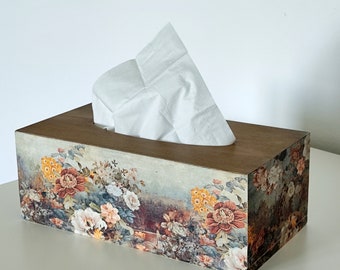Tissue Box Cover Vintage Style. Wooden Tissue Dispenser Decorated with Flowers.