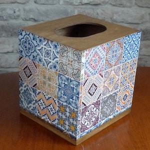 Spanish Tiles Wooden Tissue Box Cover: Cube or Rectangle