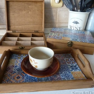 Wooden Tea Box and Optional Tray. Spanish Tiles Tea storage Box. Tea Bags Box. Jewelry Box. Wedding Christmas Gift. Box No. 1 + tray