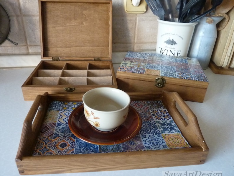 Wooden Tea Box and Optional Tray. Spanish Tiles Tea storage Box. Tea Bags Box. Jewelry Box. Wedding Christmas Gift. Box No. 1 + tray