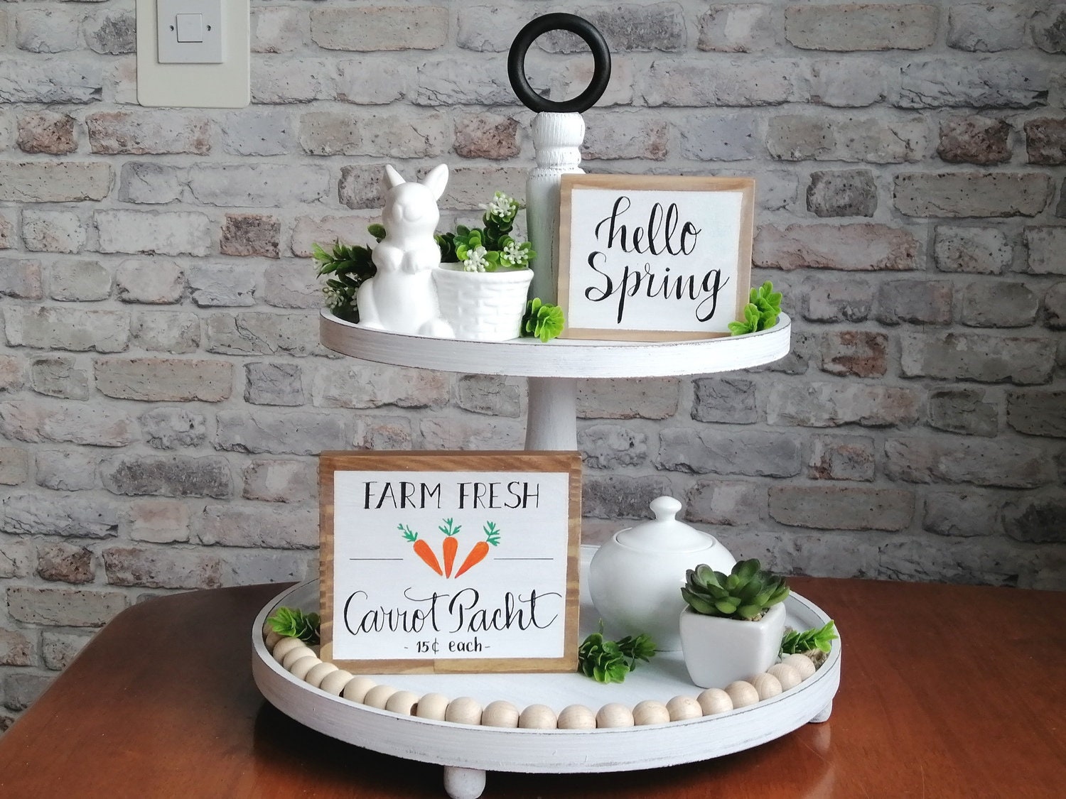 White 14 Inch Wooden Tiered Tray With Wooden Handle. 2 Layers Etsy