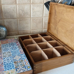 Wooden Tea Box and Optional Tray. Spanish Tiles Tea storage Box. Tea Bags Box. Jewelry Box. Wedding Christmas Gift. 12 comp. no lock