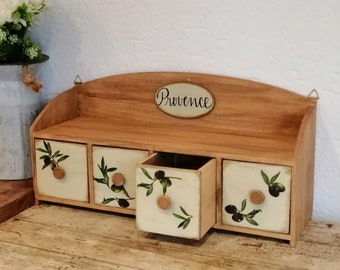 Rustic Kitchen Spices Storage. Wooden Box with Four Compartments. Vintage Style Jewelry Mini Furniture.