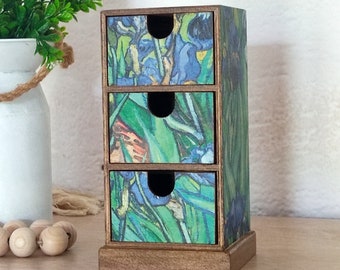 Van Gogh Mini Chest Of Drawers. Tabletop Cabinet with 3 drawers. Jewelry Storage Box, Wooden Desktop Organizer.