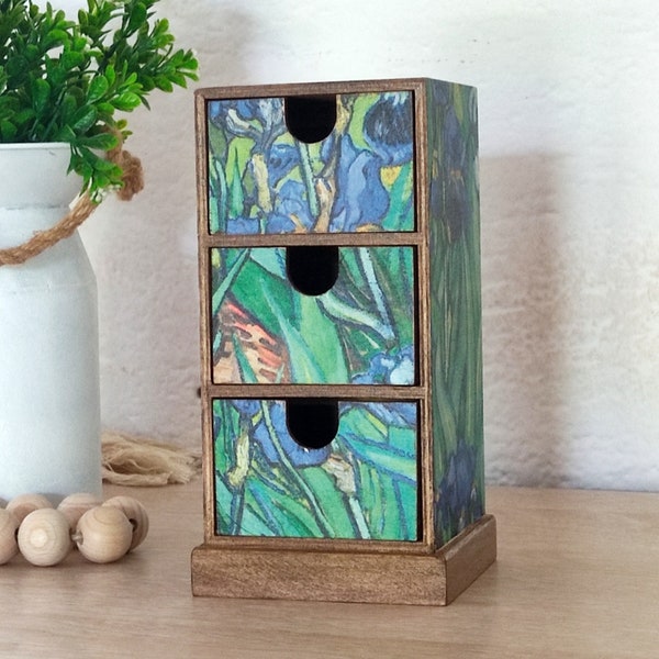 Van Gogh Mini Chest Of Drawers. Tabletop Cabinet with 3 drawers. Jewelry Storage Box, Wooden Desktop Organizer.