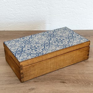 Wooden Tea Box with Compartments. Blue Color Spanish Tiles Decoration. Tea Storage or Jewelry Box.