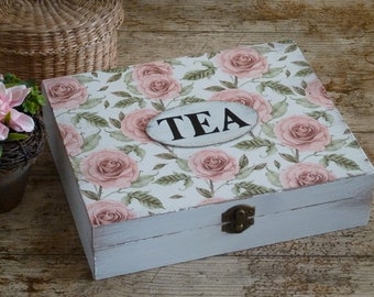 Tea Box Wooden Tea Box with Pink Roses. Shabby Chic Tea Bags Storage Box. Bohemian Rustic Box. Jewelry Keepsake