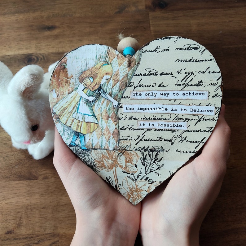 Alice in Wonderland Wooden Heart. Motivational gift for friend. Door Wall Hanger. Heart Ornament Home Decor. image 1