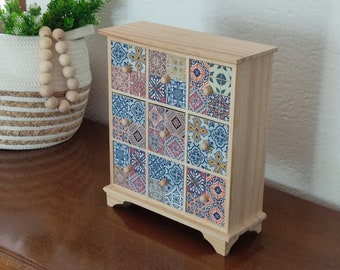 Natural Wood Tabletop Cabinet with 9 Drawers Decorated With Multicolor Tiles. Mini Chest of Drawers. Wooden Desktop Organizer.