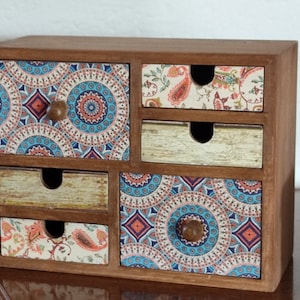 Mini Desktop Chest Of Drawers. Drawers Box With Blue And Orange Designs. Jewelry Organizer. Wooden Makeup Container Box.
