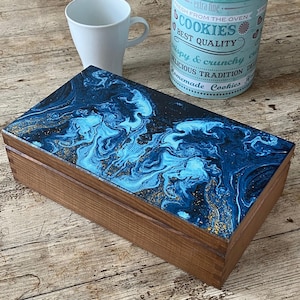 Blue Gold Wooden Tea Box, Fluid Art Storage Organizer, Luxury Kitchen Decor