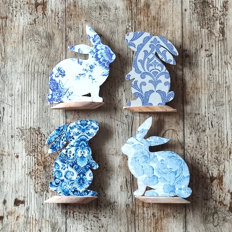 Wooden Rabbit. Blue and White Bunnies. Spring Tier Tray decor. Chinoiserie inspired Farmhouse Easter Decor. Easter Bunny Ornament image 2