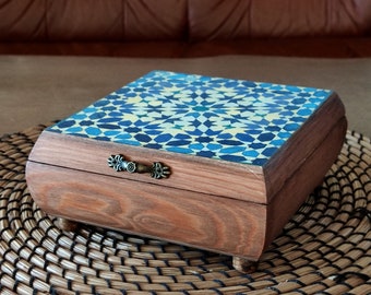 Wooden Jewelry Box. Treasury Keepsake Box. Box with Blue Mosaic Tile Design, Legs and Metal Handle