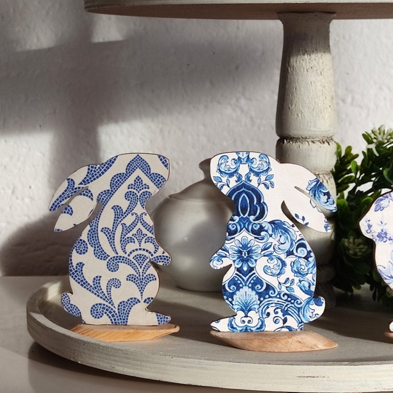 Wooden Rabbit. Blue and White Bunnies. Spring Tier Tray decor. Chinoiserie inspired Farmhouse Easter Decor. Easter Bunny Ornament image 9