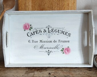 Wooden Serving Coffee Tray. Shabby Chic Tea Tray. Home Decor. Cottage Country Kitchen Decor. French Decorative Tray.