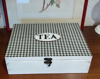 Large White and Black Birch Wood Tea Box. Buffalo Plaid Kitchen Decor. Wooden Tea Storage Box. Jewelry Box.