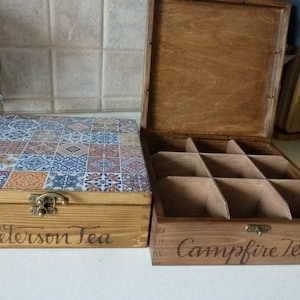 Wooden Tea Box and Optional Tray. Spanish Tiles Tea storage Box. Tea Bags Box. Jewelry Box. Wedding Christmas Gift. No. 4 with lock