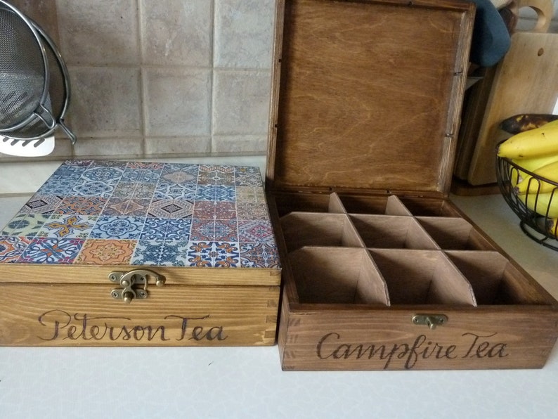 Wooden Tea Box and Optional Tray. Spanish Tiles Tea storage Box. Tea Bags Box. Jewelry Box. Wedding Christmas Gift. No. 4 with lock