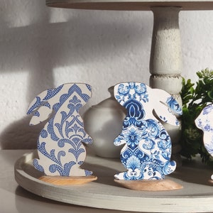 Wooden Rabbit. Blue and White Bunnies. Spring Tier Tray decor. Chinoiserie inspired Farmhouse Easter Decor. Easter Bunny Ornament image 4