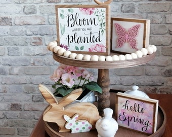 Spring Tiered Tray Decor. Easter Home Decor. Hello Spring. Farmhouse Mini Signs for Tiered Tray and Shelves. Wooden Rabbit with baby Bunny.