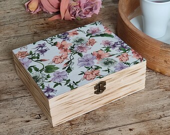 Wooden Tea Box with Compartments. Tea Bag Storage Box. Organizer Jewelry Box With Flowers.