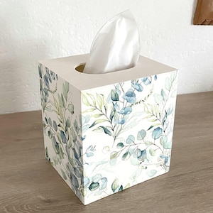 Wooden Tissue Box Cover with Eucalyptus Design