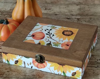 Wooden Tea Box with 9 compartments. Autumn Fall Decor. Sunflower Tea Bags Box. Jewelry Storage Box.