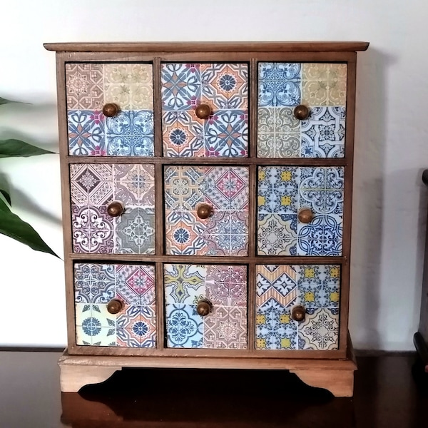 Tabletop Cabinet with 9 Drawers. Mini Chest of Drawers. Wooden Desktop Organizer. Storage Box. Multicolor tiles