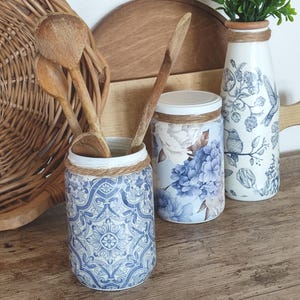 Glass Jars Containers. Kitchen Utensil Holders with Tile, Birds and Flowers. Blue and White Canisters. Farmhouse Decor.