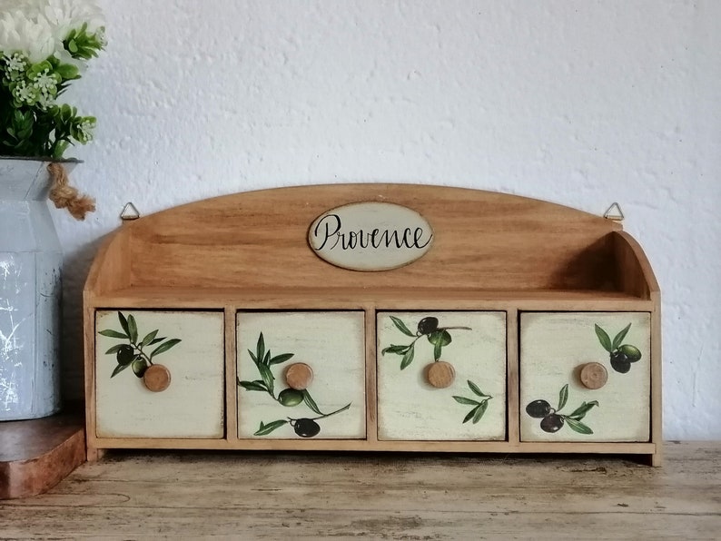 Rustic Kitchen Spices Storage. Wooden Box with Four Compartments. Vintage Style Jewelry Mini Furniture. imagem 3