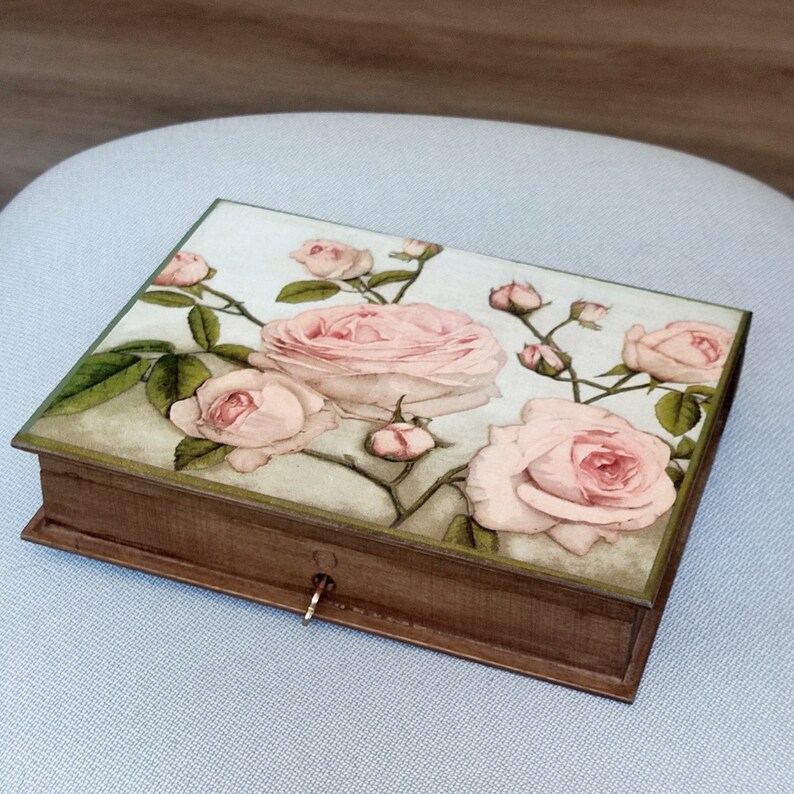 Wooden Jewelry Box with Key. Book Shaped Vintage Style. Pink Roses Decorated Box. image 3