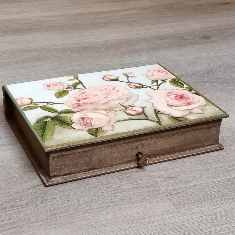 Wooden Jewelry Box with Key. Book Shaped Vintage Style. Pink Roses Decorated Box. image 2