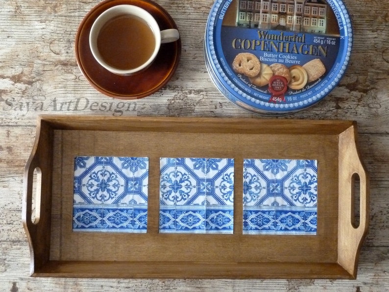 Wooden Tea Serving Tray Spanish Tiles Decor. Wooden Tray. Etsy