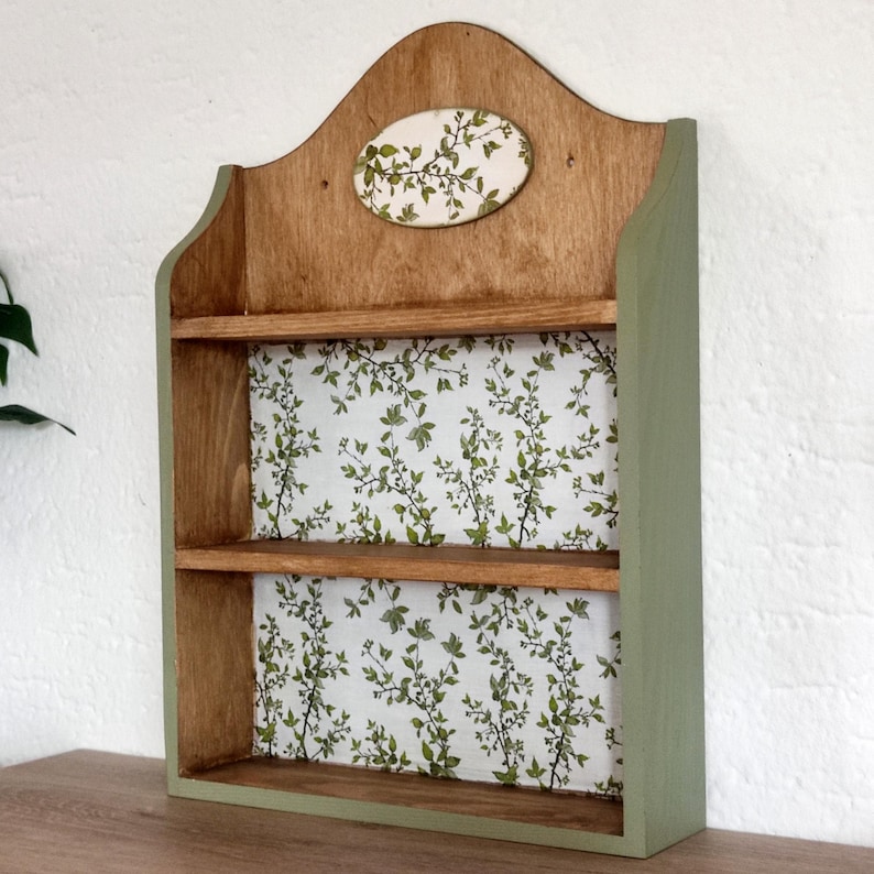 Cottagecore Spice Rack, Wooden Kitchen Shelf Organizer, Green Botanical Farmhouse Decor image 3