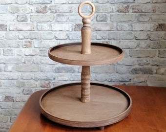 Walnut Color 14 Inch Wooden Tiered Tray with wooden handle. Tiered Tray Stand. Home and Farmhouse Decor.