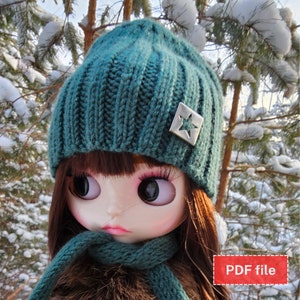Op de afbeelding: Een teal gebreide muts met een zilveren stervormige versiering wordt gedragen door een pop. De pop draagt ook een bijpassende sjaal. De achtergrond toont besneeuwde takken en een rode rechthoek met de tekst "PDF file".