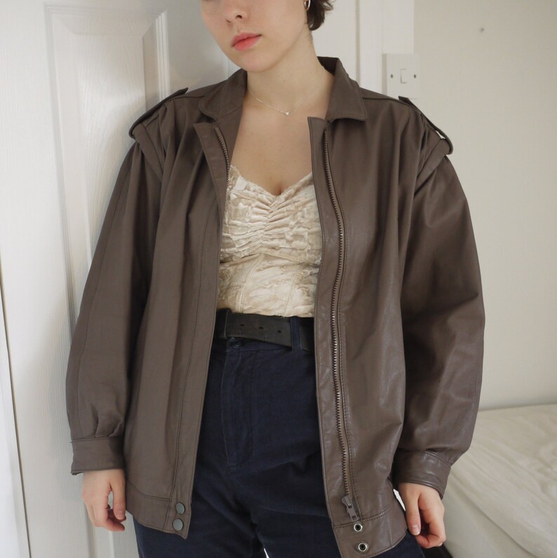 Vintage Beige Grey Leather Jacket Unique Retro Soft Coat Mushroom Colour Women S Fitted Light Brown