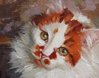 White and red fluffy Cat oil painting original from photo canvas Custom pet portrait, Cat lover gift Memorial portrait