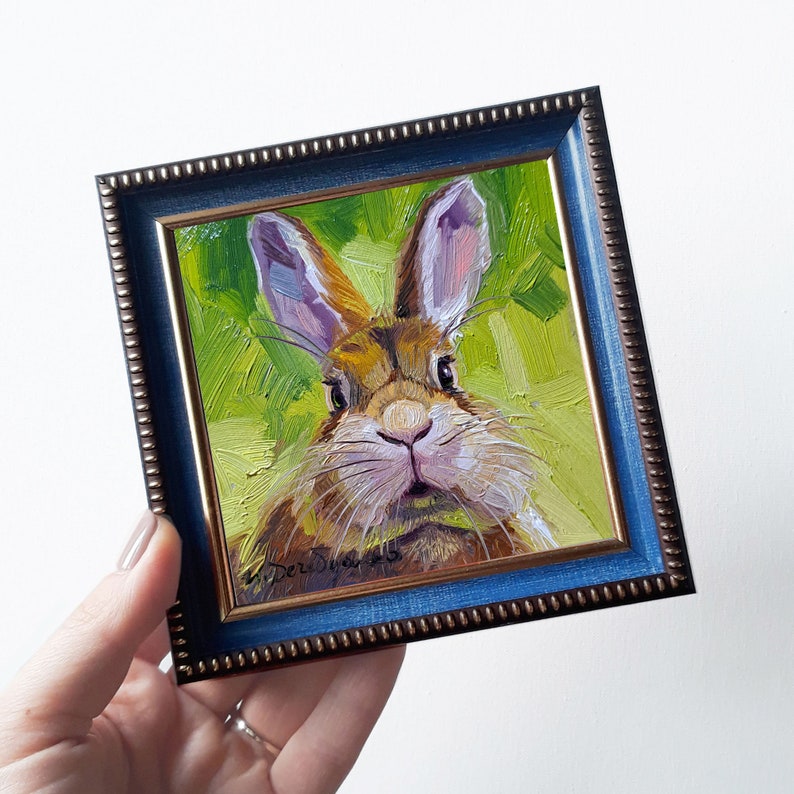 Lapin mignon peignant à l'huile originale 4 x 4, petite oeuvre d'art encadrée de lapin, cadeau d'art d'illustration de lapin pour un ami image 8