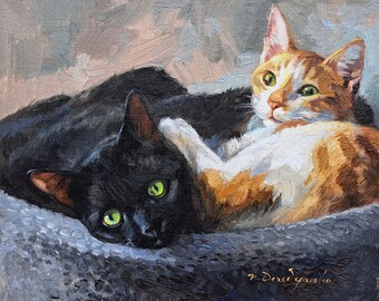 Custom pet portrait oil painting original, Custom cat painting frame, Animal portrait from photo, Two cats oil paintings canvas