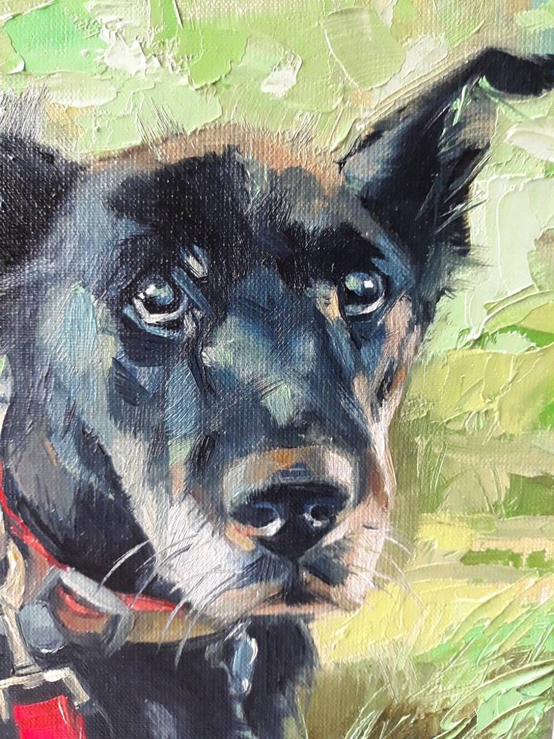 Custom pet portrait, Black dog in green custom painting, Dog portrait to order, Customized art dog, Dog lovers memorial gift for owners image 9