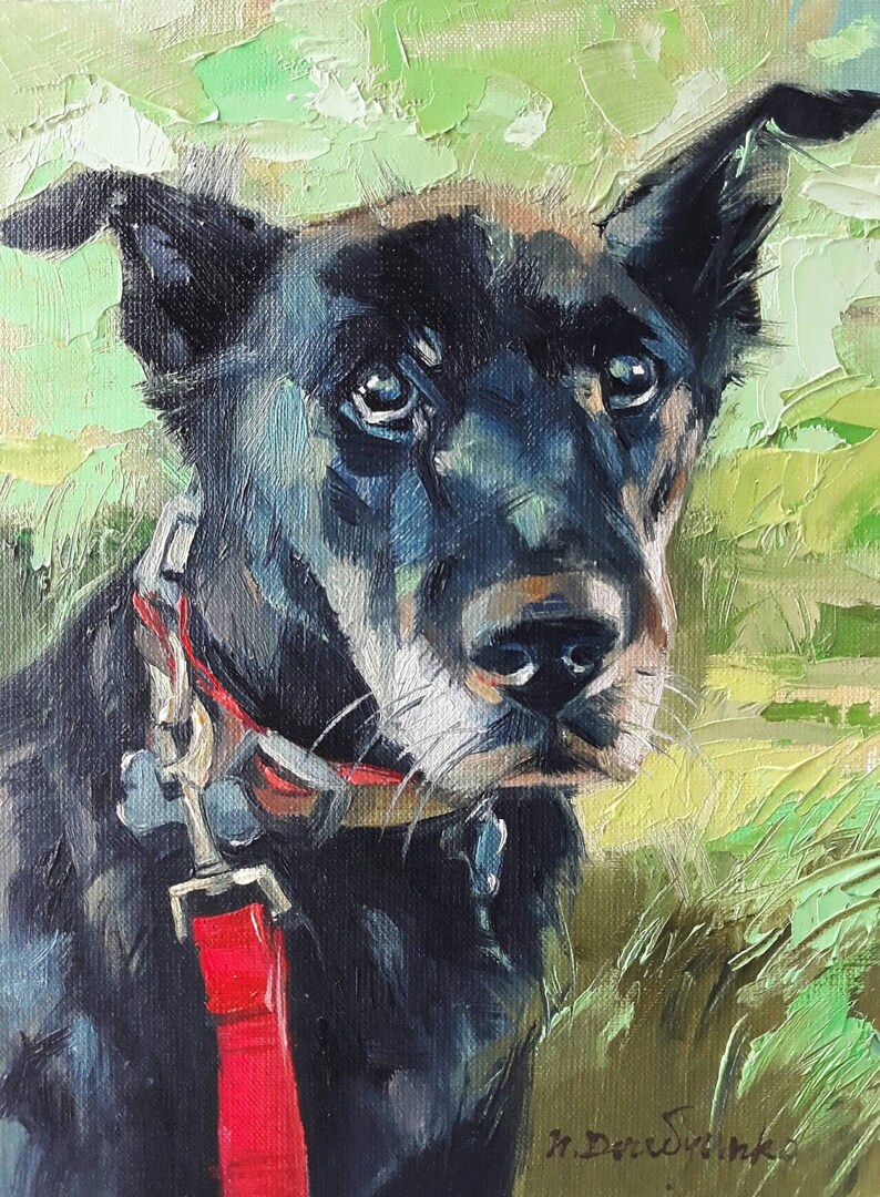 Custom pet portrait, Black dog in green custom painting, Dog portrait to order, Customized art dog, Dog lovers memorial gift for owners image 1